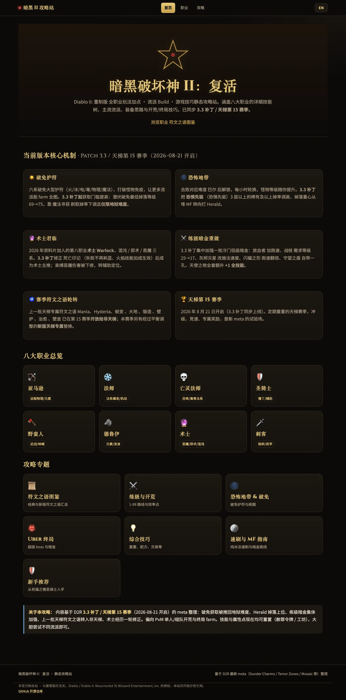 暗黑破坏神 II 攻略站：职业选择与技能树页面